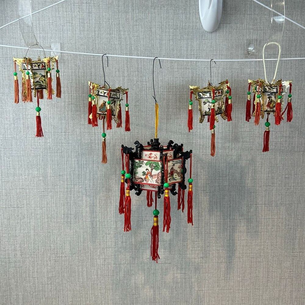 Vtg Chinese Hanging Lantern Ornaments Decorations Set Lot Tassels Small Mini